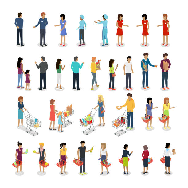 Set of Customers and Sellers Characters Vector People in supermarket. Set of customers and sellers characters vector. Flat style design. Man and woman making purchases, sell goods. Supermarket personnel, consumer choice, shopping in mall concept. merchandiser stock illustrations