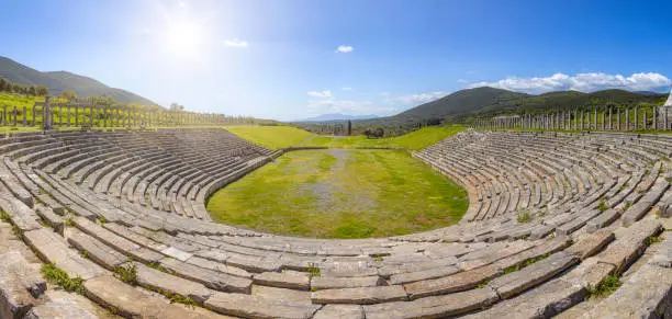 Ancient Messene contains the ruins of the large classical city-state of Messene refounded by Epaminondas in 369 BC, after the battle of Leuctra and the first Theban invasion of the Peloponnese. The stadium in the remains of the city of Ancient Messene (also called Ancient Messini), an archaelogical site near Kalamata in Greece.
