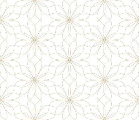 Modern simple geometric vector seamless pattern with gold flowers, line texture on white background. Light abstract floral wallpaper, bright tile ornament.