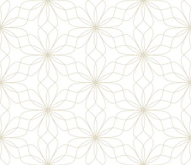 Vector illustration of Modern simple geometric vector seamless pattern with gold flowers, line texture on white background. Light abstract floral wallpaper, bright tile ornament