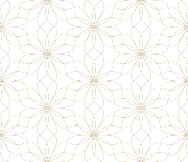 現代簡單的幾何向量無縫圖案與金花, 線紋理在白色背景。淺抽象花卉壁紙, 明亮的瓷磚裝飾 - 無痕式樣 幅插畫檔、美工圖案、卡通及圖標