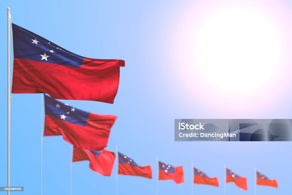 wonderful feast flag 3d illustration
 - many Samoa flags placed diagonal with bokeh and free place for your content wonderful many Samoa flags placed diagonal with soft focus and free place for your text - any holiday flag 3d illustration Backgrounds Stock Photo