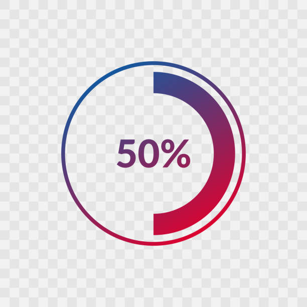 illustrazioni stock, clip art, cartoni animati e icone di tendenza di segno del grafico a torta sfumato blu e rosso al 50%. simbolo infografico vettoriale percentuale. icona cerchio isolata su sfondo trasparente, illustrazione per le aziende, download, web design - mezzo pieno