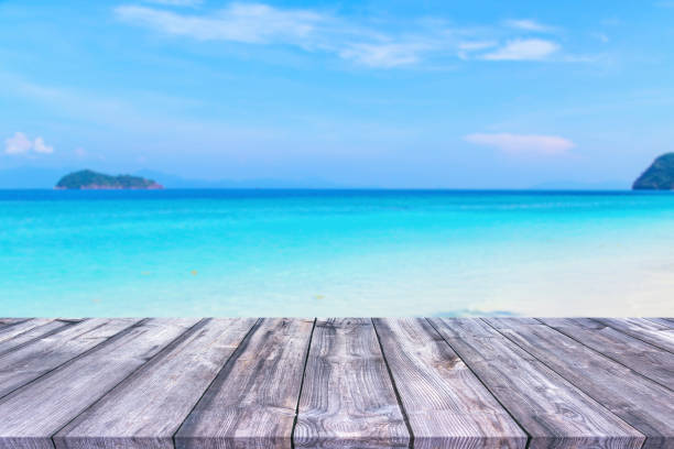 istock Wood table and beautiful sea with sand beach 1150989294