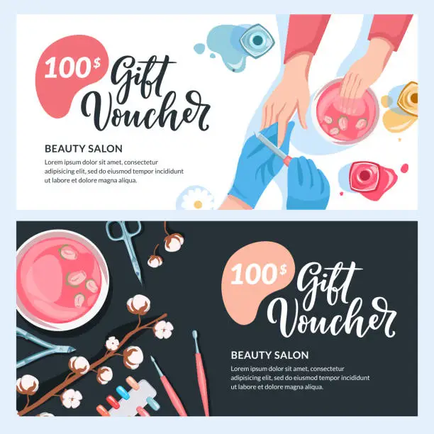 Vector illustration of Manicure gift card, voucher, certificate or coupon vector design layout. Discount banner template for beauty salon