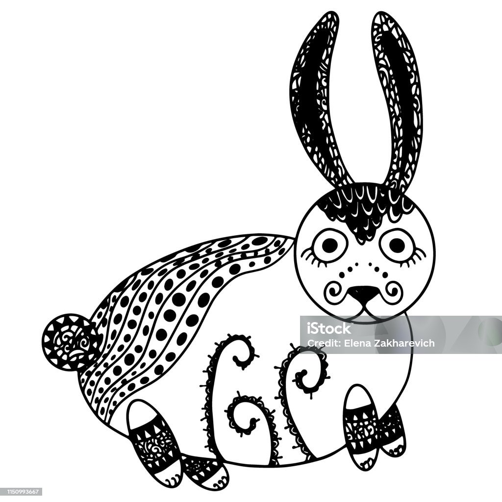 Mystical cute bunny. Mysterious forest hand-drawn line art Mystical cute bunny. Mysterious forest hand-drawn line art on a white background Alice in Wonderland - Fictional Character stock illustration