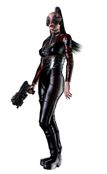 istock futuristic Warrior woman armed with gun, 3d illustration 1150994346
