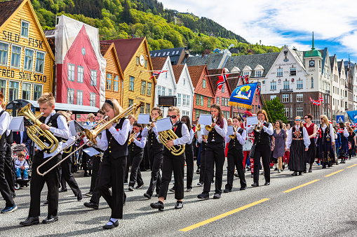 Bergen, Norway - May 17, 2019: Norwegian Constitution Day. Norwegians at traditional celebration and parade.