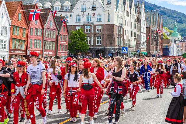 Norwegian Constitution Day. Norwegians at traditional celebration and parade. stock photo