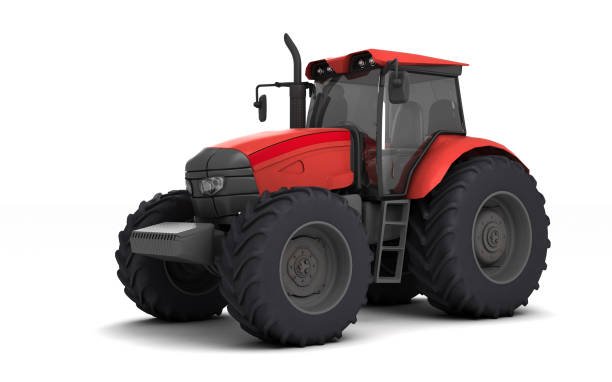 istock Red agricultural wheel tracktor isolated on white background. Front side view. Perspective. Left side. Eye level. 3D render. 1150995342
