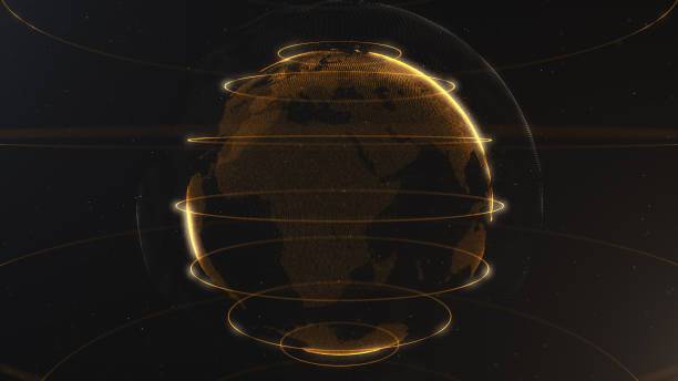 istock Abstract particle. Golden, orange planet inside the veilted loop, created of dots. Total black dackdrop. Little white dots on the background. Sphere. 1150995617