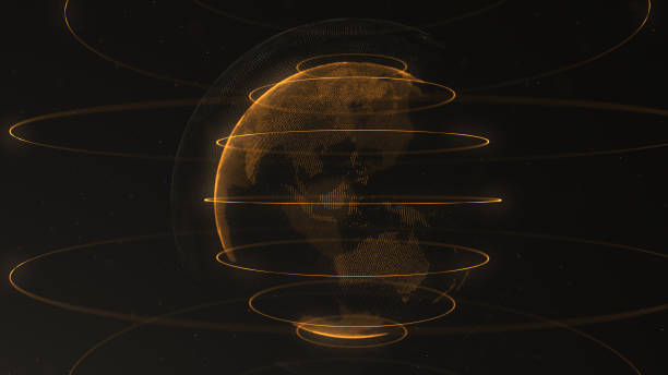 Abstract particle. Golden, orange planet inside the veilted loop, created of dots. Total black dackdrop. Little white dots on the background. Sphere.