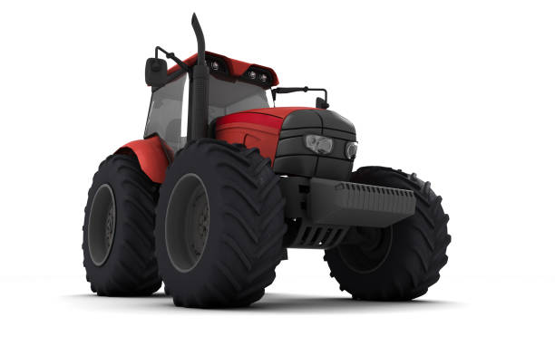 istock Red agricultural wheel tracktor isolated on white background. Front side view. Perspective. Right side. Low angle view. Bottom view. 3D render. 1150995690