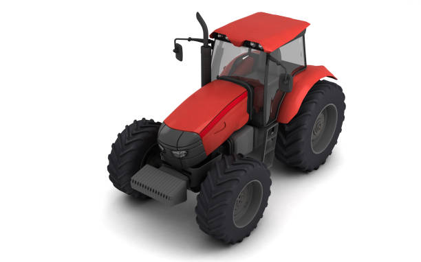 istock Isometric view on red agricultural wheel tracktor isolated on white background. Front side view. Perspective. Left side. High angle view. 3D render. 1150996781