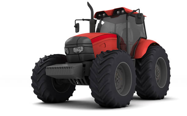 istock Red agricultural wheel tracktor isolated on white background. Front side view. Perspective. Left side. Low angle. Bottom view 3D render. 1150997193
