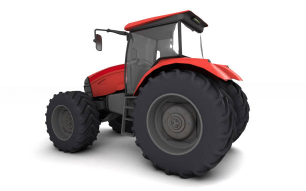istock Red agricultural wheel tracktor isolated on white background. Rear side view. Perspective. Left side. Eye level. Wide angle. Fish eye lens. 3D render. 1150997662