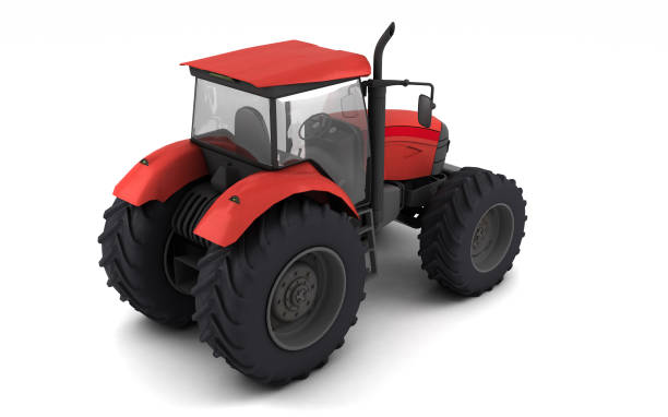 istock Isometric view on red agricultural wheel tracktor isolated on white background. Rear side view. Perspective. Right side. High angle view. 3D render. 1150997702