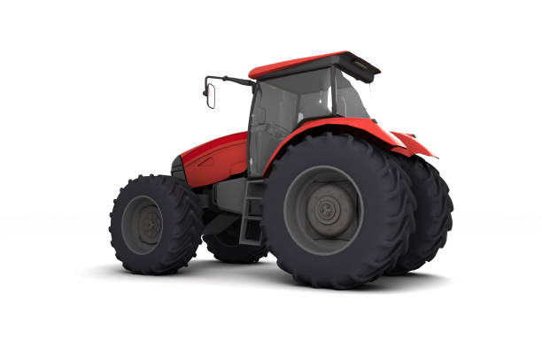 istock Red agricultural wheel tracktor isolated on white background. Rear side view. Perspective. Left side. Eye level. 3D render. 1150997728
