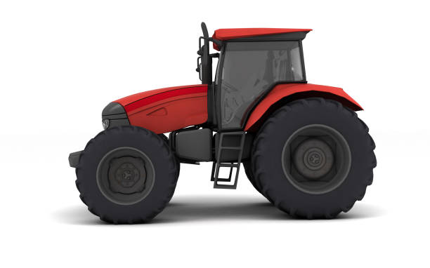 istock Red agricultural wheel tracktor isolated on white background. Side view. Left side. Low angle view. 3D render. 1150997753
