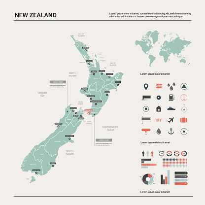 Vector map of  New Zealand. Country map with division, cities and capital Wellington. Political map,  world map, infographic elements.