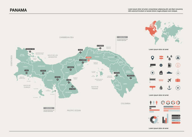 illustrazioni stock, clip art, cartoni animati e icone di tendenza di mappa vettoriale di panama. mappa del paese con divisione, città e capitale. mappa politica, mappa del mondo, elementi infografici. - panama