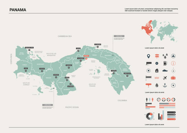 ilustrações de stock, clip art, desenhos animados e ícones de vector map of panama. country map with division, cities and capital. political map,  world map, infographic elements. - panama