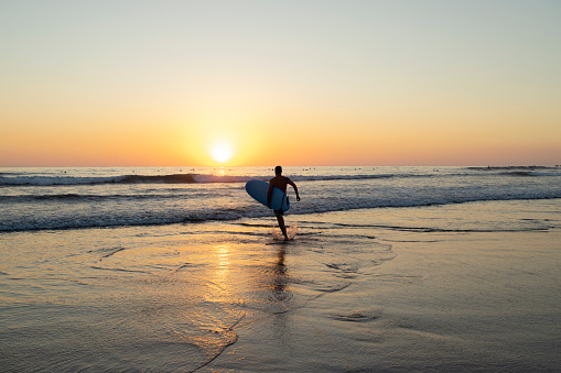 A male surfer with his surf board under his arm is running toward the waves to enter the water at sunset in Nosara, Costa Rica