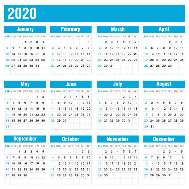 ilustraciones, imágenes clip art, dibujos animados e iconos de stock de 2020 calendario azul sobre fondo blanco - 2020
