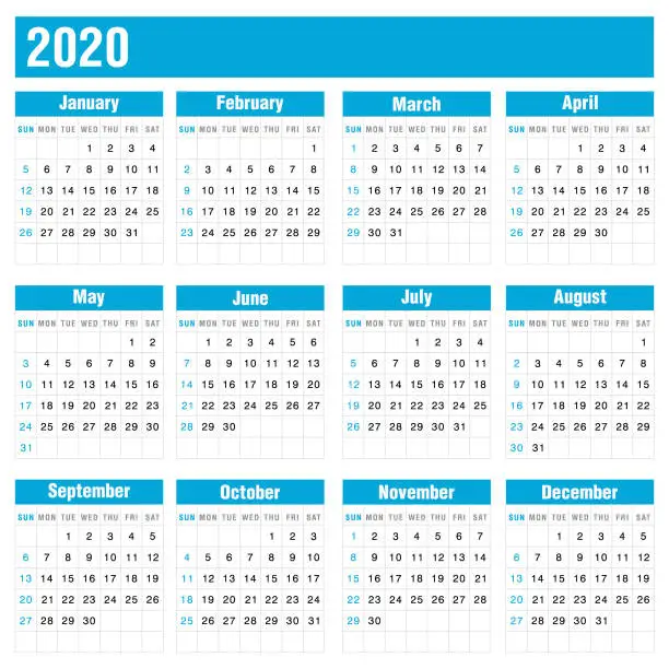 Vector illustration of 2020 Blue Calendar On White Background