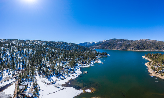 A fresh blanket of snow brings a new version of beauty to Big Bear Lake. Image Captured from an aerial drone at an altitude of 100 meters