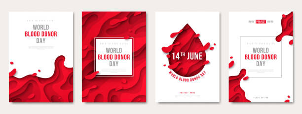 World donor day set of posters World donor day set of posters or invitations, medical design with 3d paper cut shapes and red drop. Vector illustration. Place for text. Blood Donation Lifesaving and Hospital Assistance giving medication stock illustrations