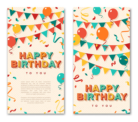 Happy Birthday greeting cards, vertical banners with retro typography design. Vector illustration. 3d colorful letters with vintage light bulbs. Streamers, confetti and hanging bunting.