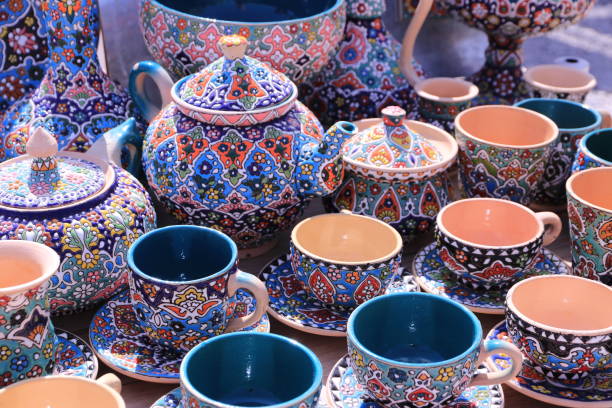 Handmade Persian Crockery Minakari, Container, Vase, Iran, Clay, Pot persian pottery stock pictures, royalty-free photos & images