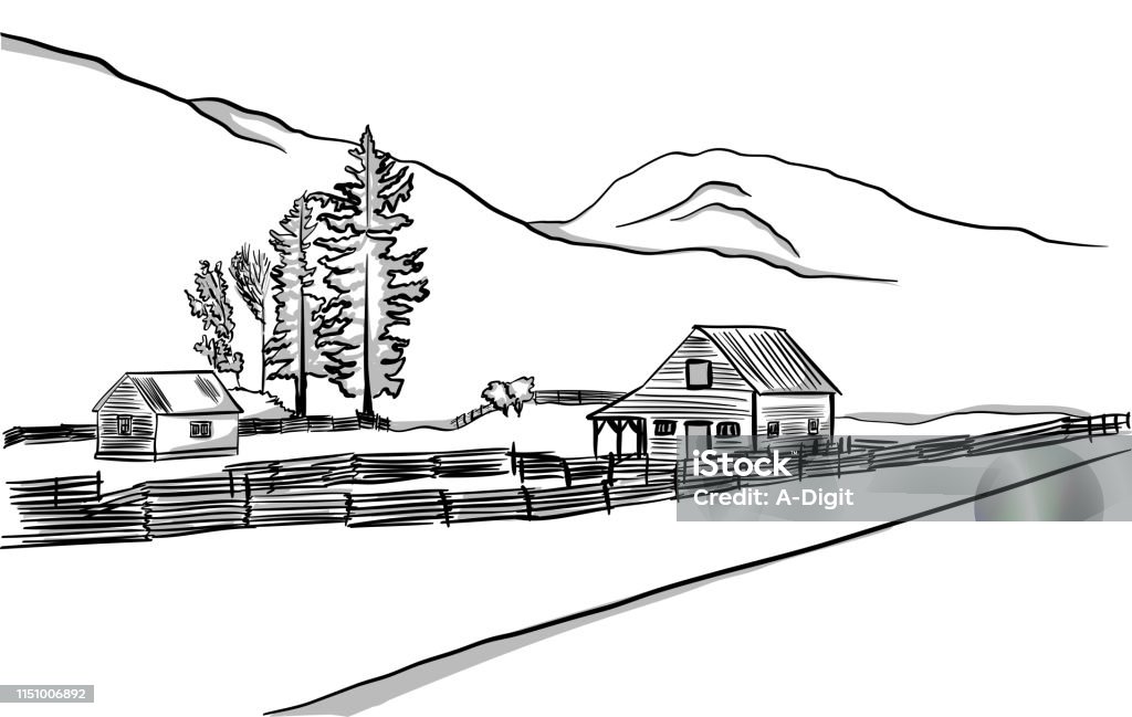 Small Stable Rural scene with a stable and fenced enclosure for a small number of horses Corral stock vector