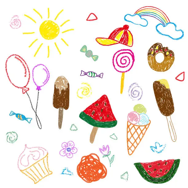 Vector illustration of Children s color drawings in pencil and chalk on the theme of summer. Isolated elements on white background. Vector illustration.