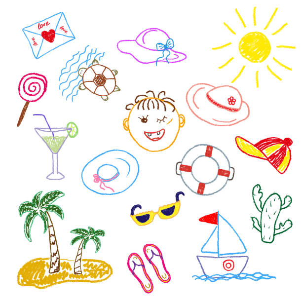 ilustrações de stock, clip art, desenhos animados e ícones de children's color drawings in pencil and chalk on the theme of summer and the sea. separate elements on a white background. vector illustration - slipper beach backgrounds sea