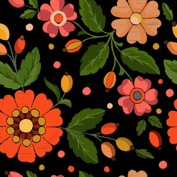 ilustrações, clipart, desenhos animados e ícones de um teste padrão de flores bordadas levantou-se quadris em um fundo preto. vetor - backgrounds green pink silk