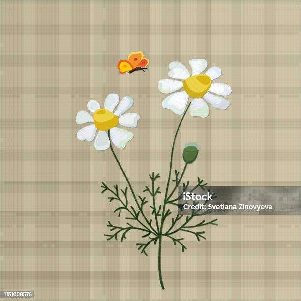 Field Camomile Embroidered With Satin Stitch On A Beige Background Vector Illustration Stock Illustration - Download Image Now