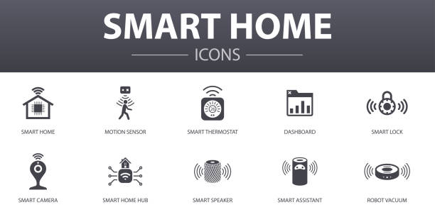 スマートホームシンプルなコンセプトのアイコンが設定します。モーションセンサー、ダッシュボード、スマートアシスタント、ロボット真空などのアイコンが含まれており、ウェブ、ロゴ� - thermostat点のイラスト素材／クリップアート素材／マンガ素材／アイコン素材