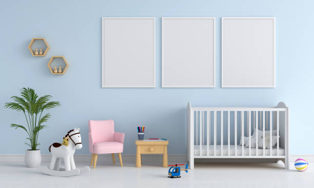 istock Three blank photo frame for mockup in child room, 3D rendering 1151010773