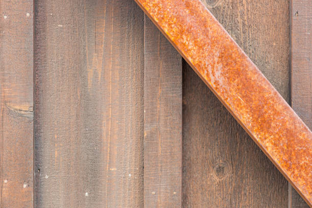 Wooden Wall with Rusty Metal Beam Background.