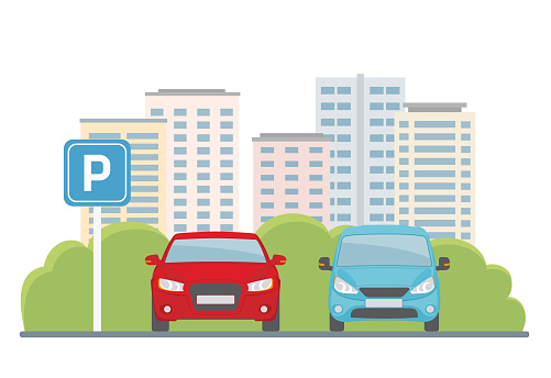 Parking lot with two cars on city background. Flat style, vector illustration.