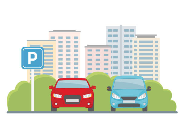Parking lot with two cars on city background. Parking lot with two cars on city background. Flat style, vector illustration. parking lot stock illustrations