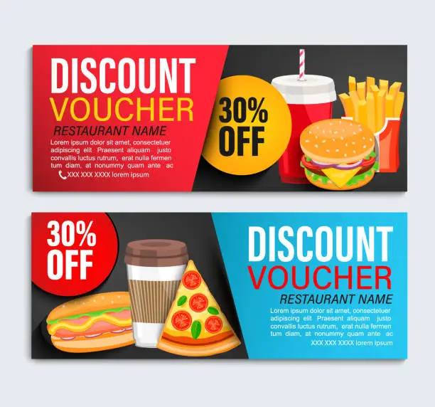 Vector illustration of Set od Discount gift vouchers for restaurans with 30 percent price off.