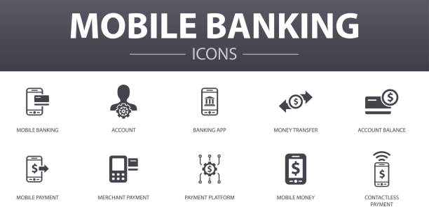 illustrazioni stock, clip art, cartoni animati e icone di tendenza di mobile banking semplice concetto icone set. contiene icone come account, app bancaria, trasferimento di denaro, pagamento mobile e altro ancora, può essere utilizzato per web, logo, ui / ux - pagamento mobile