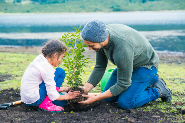 istock Father and daughter planting a small tree 1151022408