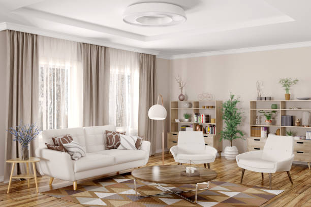 interno del moderno soggiorno rendering 3d - chair coffee table curtain floor foto e immagini stock