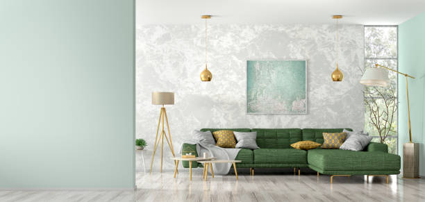 interno del soggiorno con divano verde rendering 3d - model home house sign home interior foto e immagini stock
