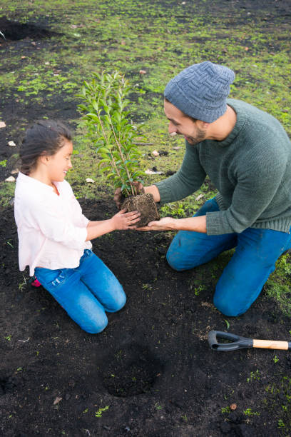 istock Father and daughter planting a small tree 1151022774