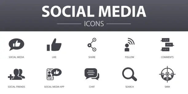 Vector illustration of social media simple concept icons set. Contains such icons as like, share, follow, comments and more, can be used for web, logo, UI/UX